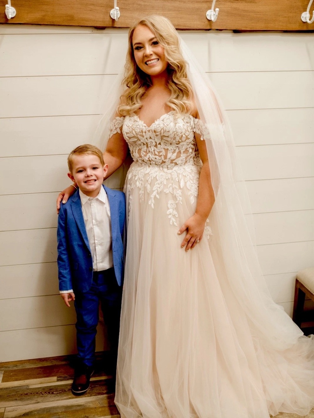 Allure Bridals Blush Off-Shoulder Lace A-Line Wedding Gown